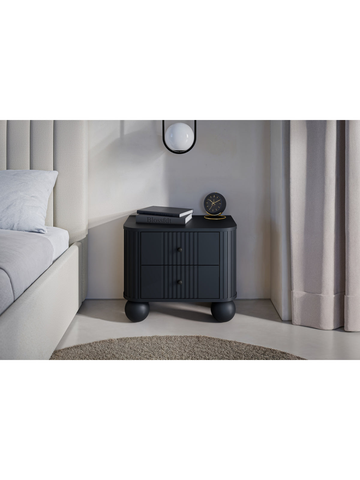 Set noptiere Vesper 56 cm negru mat cu fronturi striate și picioare sferice