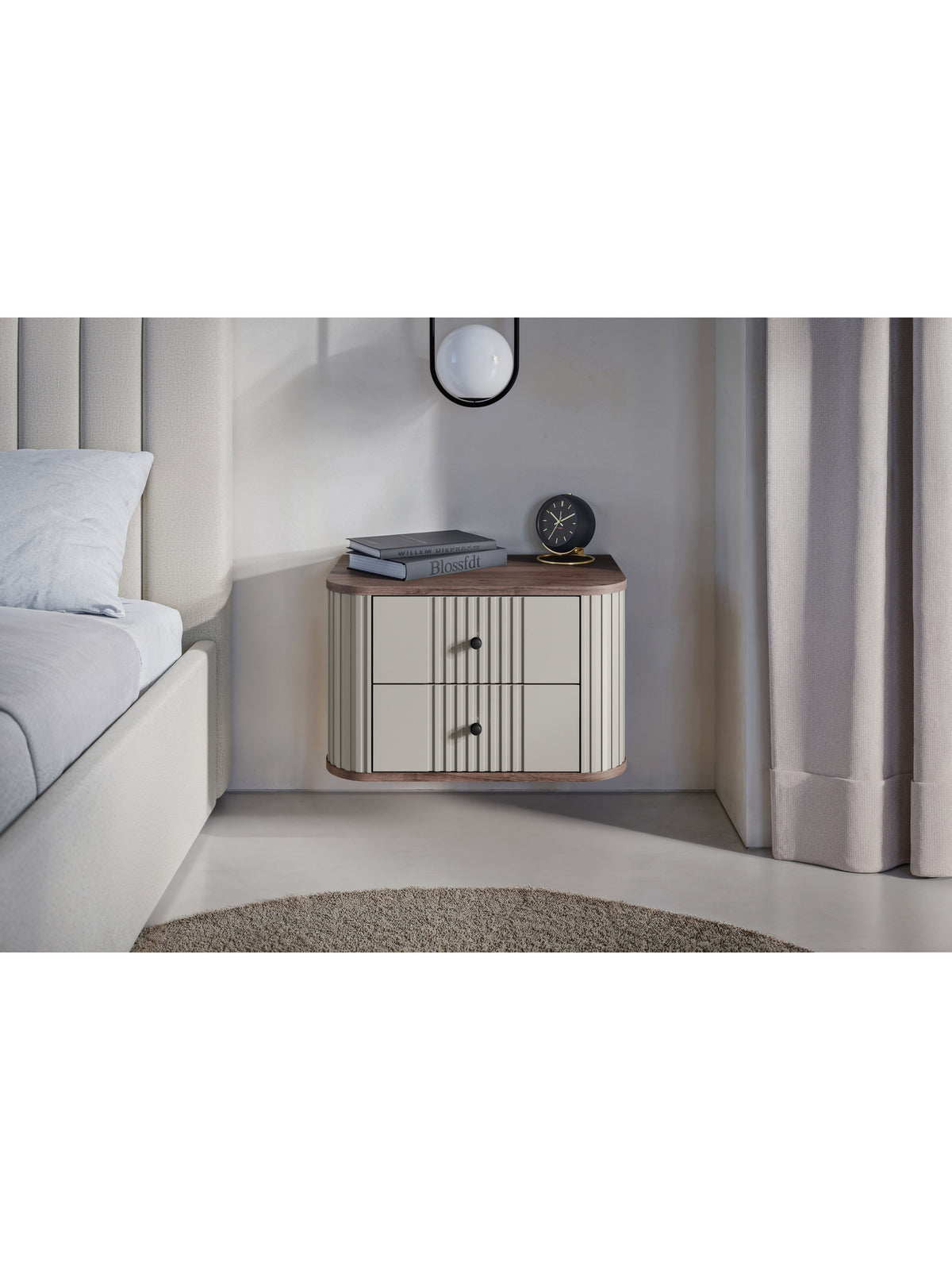 Set dulapuri de noapte suspendate Vesper 56 cm kasmir cu blat nuc și mânere negre