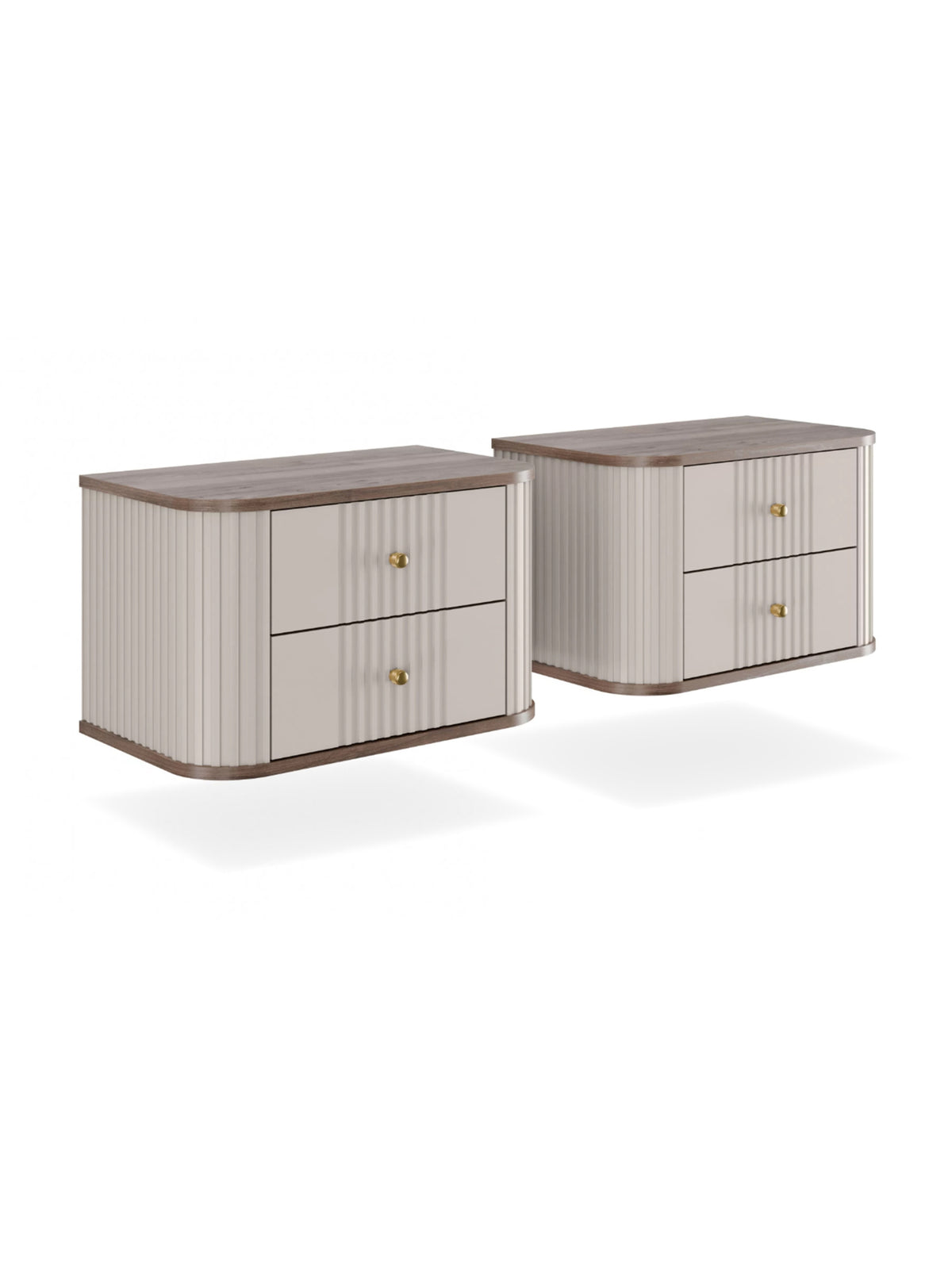 Set de două noptiere suspendate Vesper 56 cm, culoare casmir cu blat nuc și mânere aurii