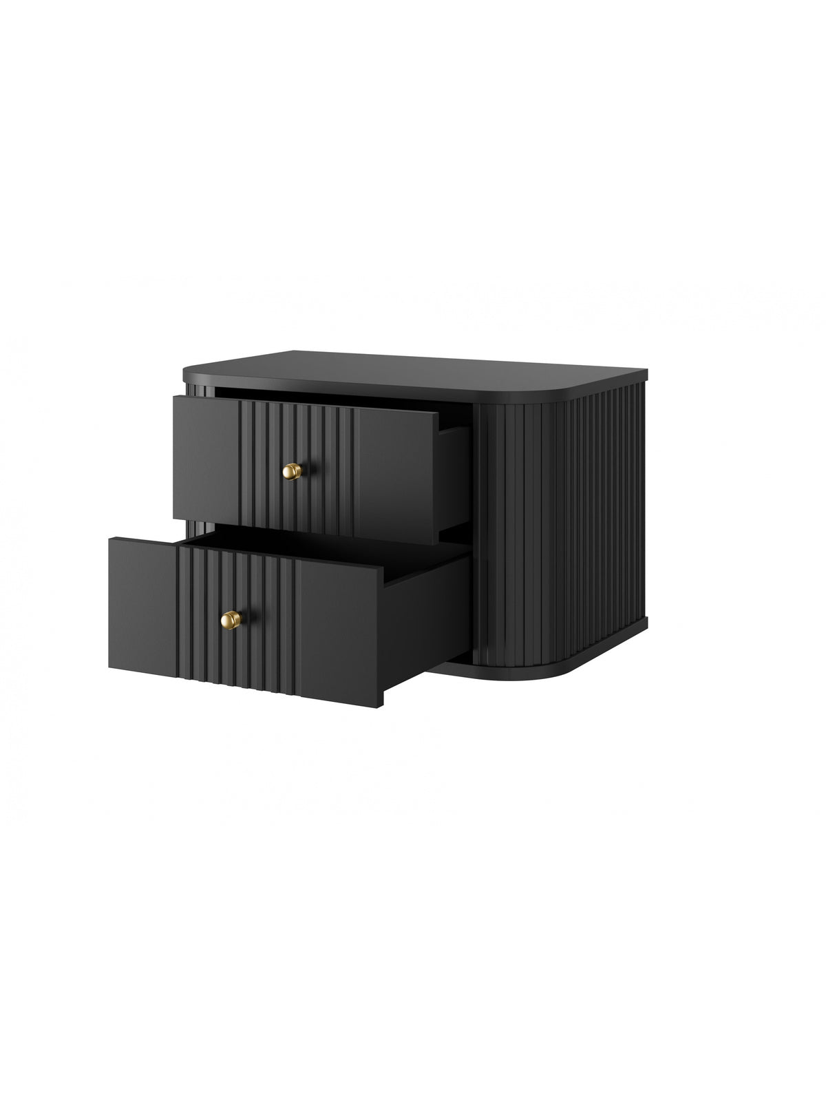 Set de noptiere suspendate Vesper 56 cm negru cu fronturi canelate și mânere aurii